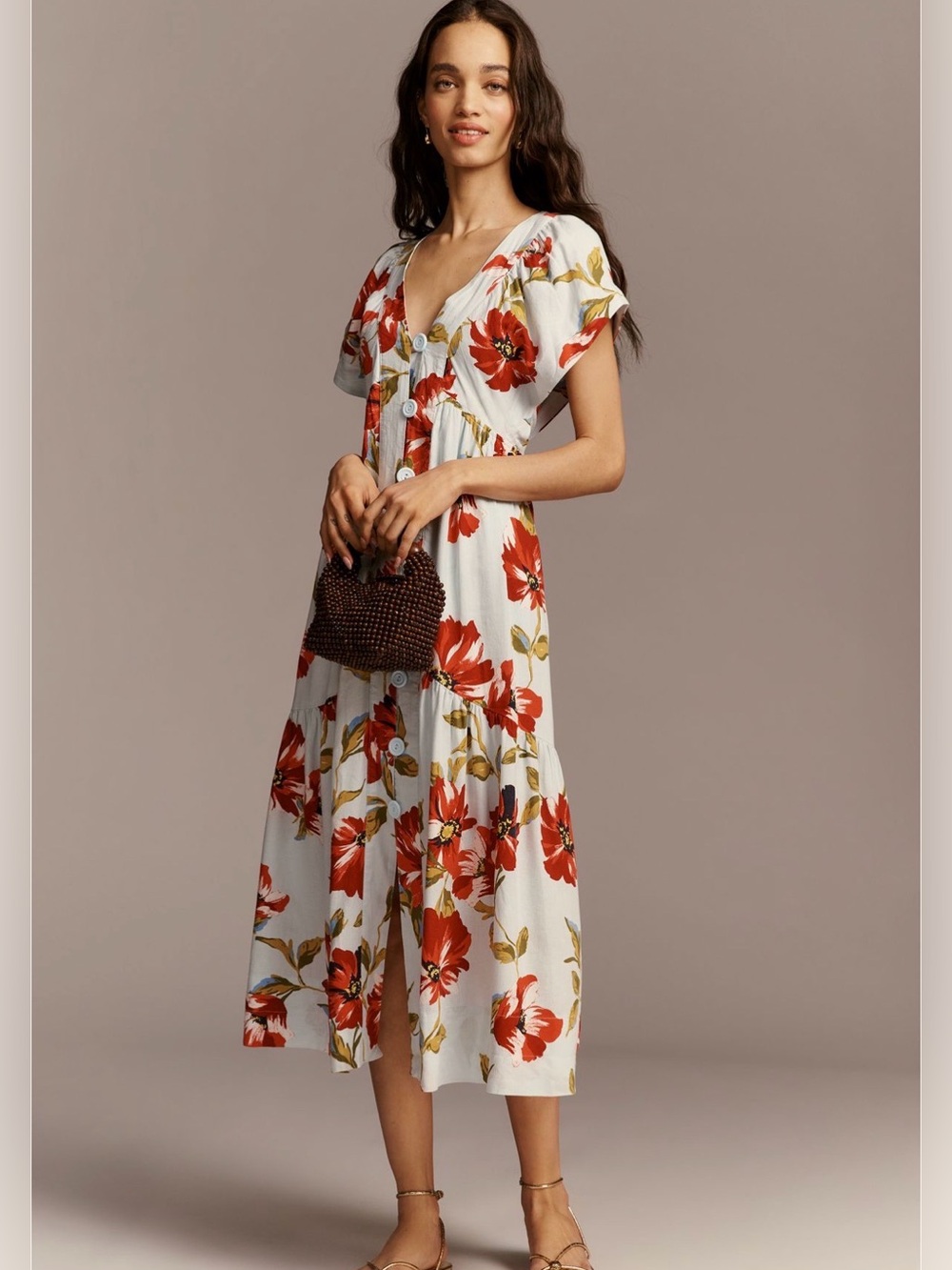 Anthropologie White Midi Dress with Red Floral Pattern
